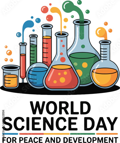 Blue scientific vector icons depict various chemistry laboratory glassware and equipment, including beakers, flasks, and test tubes, for research and educational experiments