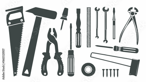 Illustration of various carpentry and repair tools including saws hammers and screwdrivers in gray scale