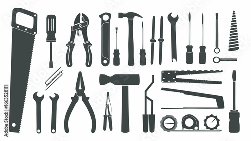 Illustration of various hand tools including saws screwdrivers pliers and wrenches in silhouette style