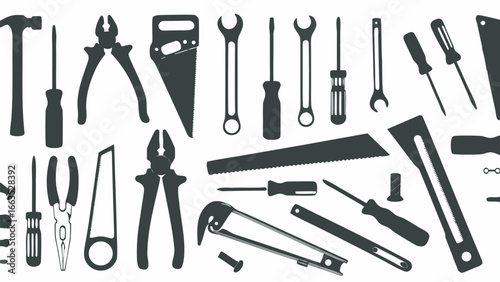 Illustration of various hand tools including screwdrivers wrenches pliers and saws on a white background