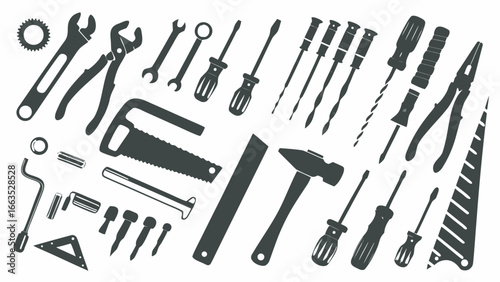 Illustration of various hand tools including wrenches pliers screwdrivers and a saw arranged together