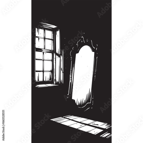 Art of an antique, ornate mirror with a vintage wooden frame stands in a dimly lit room, casting long shadows across the floor from a dusty window, evoking a mysterious and gothic atmosphere