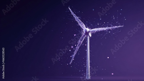 Abstract wind turbine, digital art.  Violet light, particle-based design