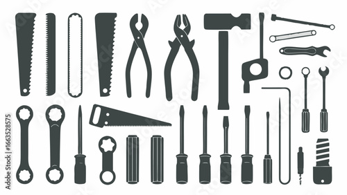 Illustration showcasing an assortment of hand tools including saws, pliers, wrenches, and screwdrivers set out