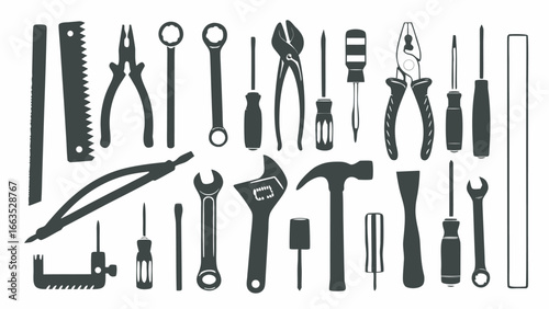 Illustration showing various tools including screwdrivers wrenches pliers hammer and measuring instruments set up
