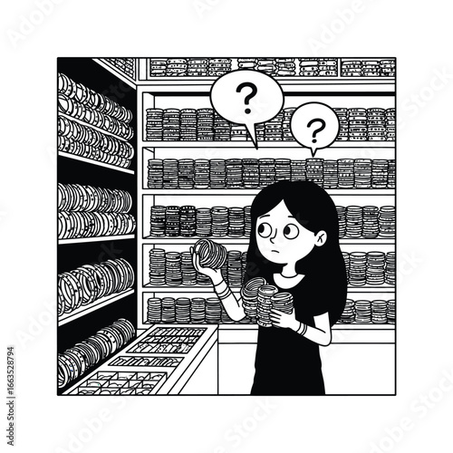 Confused Girl Choosing Bangles in a Jewelry Store  Many Options and Styles
