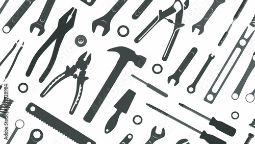 Illustration showing a variety of tools including wrenches pliers hammer and screwdrivers on white background