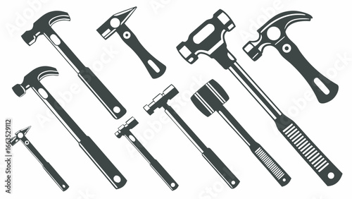Illustration of various types of hammers including claw hammer and mallet in a black and white vector design