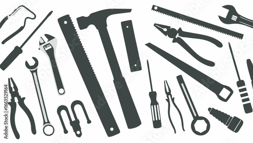 Illustration featuring various hand tools including wrenches pliers and saws in a monochrome style