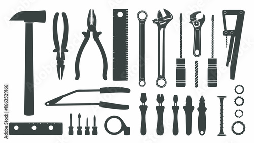 Illustration of various hand tools including hammer pliers wrenches and screwdrivers in silhouette style