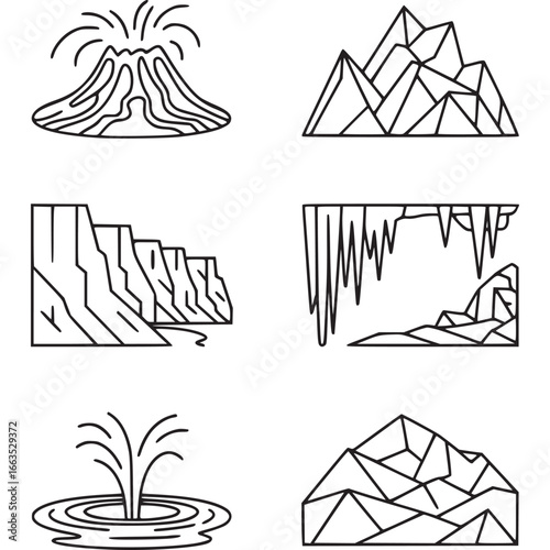 Art of set of six nature and geology icons volcano, mountains, cliffs, cave with stalactites, water fountain, and geometric mountain, depicting natural formations and phenomena