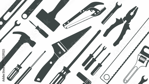 Illustration showcasing various hand tools including screwdrivers wrenches and saws in a monochrome style