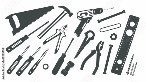 Illustration of various hand tools including a saw hammer screwdrivers pliers and a drill machine tool
