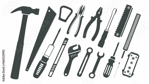 Illustration of various hand tools including a hammer saw pliers and screwdrivers on white background