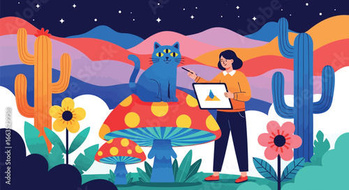 Computer classroom and devices person drawing with a cat