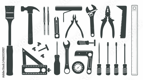 Illustration of various hand tools including a hammer screwdrivers and wrenches in dark gray color