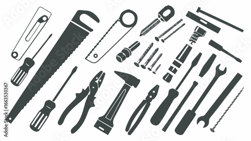 Illustration of various hand tools including saws screwdrivers pliers and fasteners in black and white