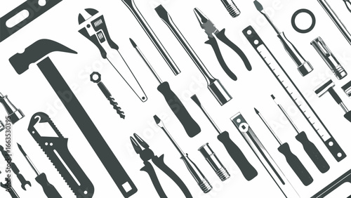 Illustration of various hand tools including screwdrivers pliers and wrenches on a white background