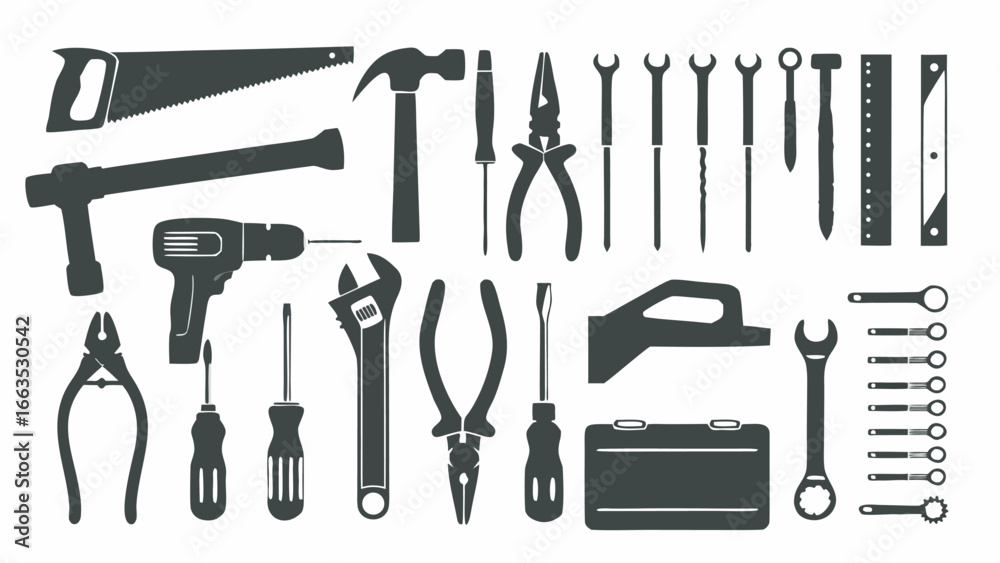 Illustration showing a set of various hand tools including wrenches, screwdrivers and pliers and more tools Illustration showing a set of various hand tools including wrenches, screwdrivers and pliers and more tools