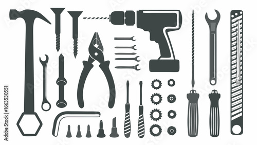Illustration of various hand tools including a hammer drill screwdrivers wrenches and pliers on white background