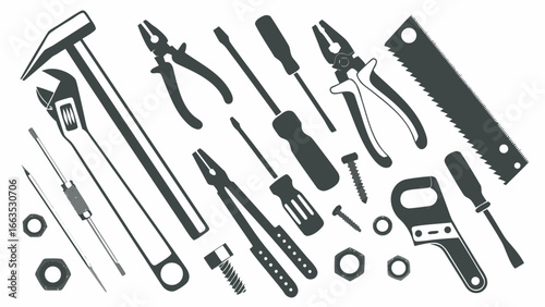 Assortment of hand tools including screwdrivers pliers hammer and wrenches in a monochrome illustration