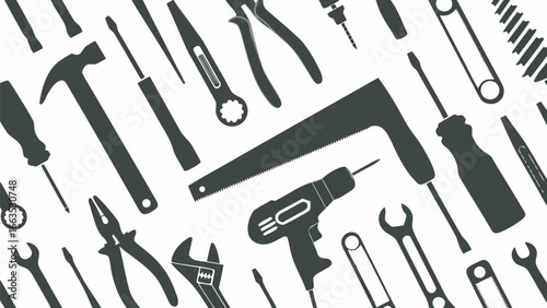 Illustration of various hand tools including screwdrivers wrenches pliers hammer and saw on a white background