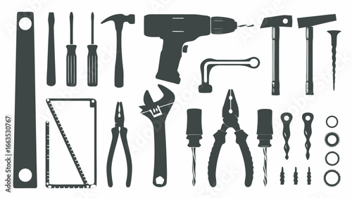 Illustration of various hand tools and power tools including screwdrivers, pliers and a drill press