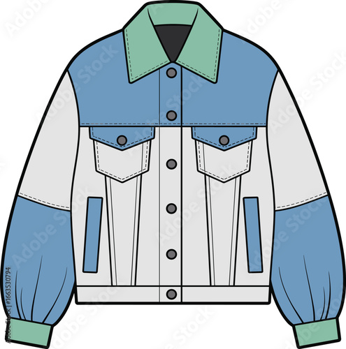 CAD Drawing Flat Vector Illustration of Multicolor Denim Jacket Design Green Flap Pockets Panel Layout Stylish Fashion Outerwear Garment Sketch