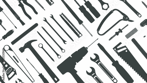 An assortment of various tools in black silhouette arranged on a white background in a random pattern