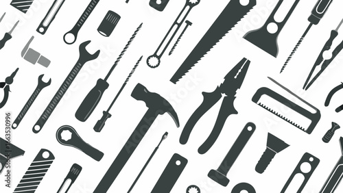 Collection of various hand tools including wrenches pliers screwdrivers and saws scattered on a white surface