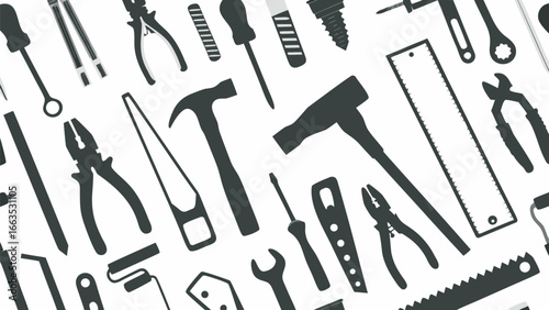 Illustration of various hand tools including hammers screwdrivers pliers and wrenches scattered on white
