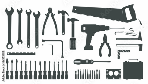 Illustration of various hand tools including wrenches pliers screwdrivers and a saw arranged together