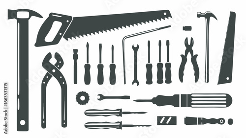 Illustration of various hand tools including hammers saws screwdrivers wrenches and pliers in black and white