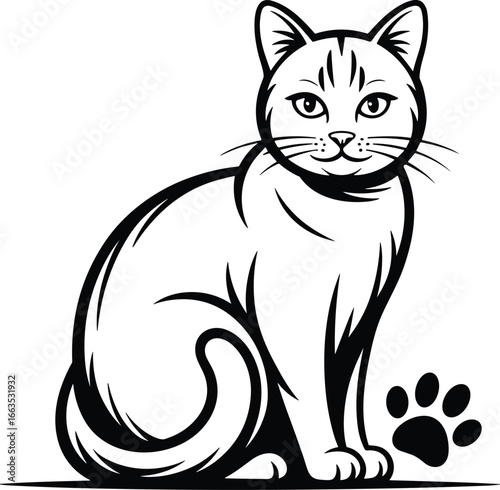 Black and white cat illustration with paw print, elegant feline artwork design, pet vector drawing for tattoo, decoration, and animal lovers