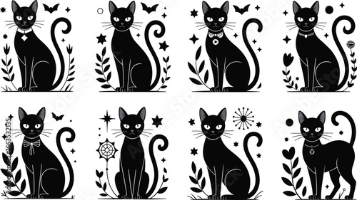 Black cat clipart, mystical feline illustration, Halloween vector design, spooky animal art, stars, bats, flowers, leaves, magical character set