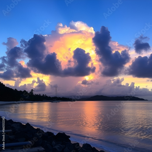 Dramatic sunset at Manchioneel Bay, Cooper Island Beach Club, Cooper Island, British Virgin Islands