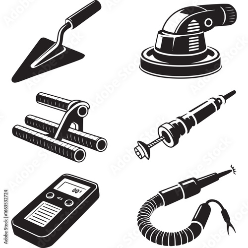 Art of collection of various construction and repair tools and equipment, including a trowel, sander, drill, and measuring device