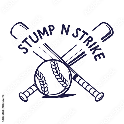 T-shirt design vector line art black and white text Stump N Strike: Baseball Emblem baseball ball and bat