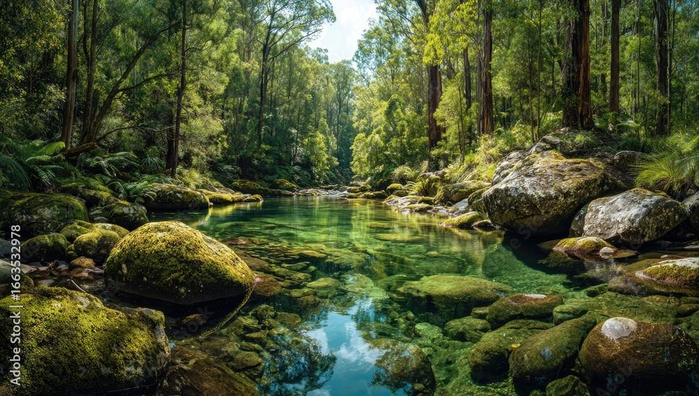 Obraz premium Crystal-clear river flowing through lush forest