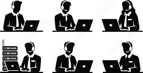 Call center workers, tech support silhouettes, headset professionals, laptop users, server management, remote work, desk job, black vector design
