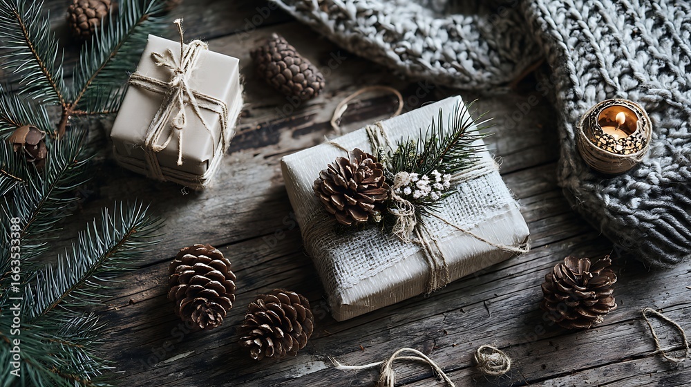 Fototapeta premium Cozy Christmas Gifts Rustic Wood Knit Blanket Winter Holiday Presents Pinecones Candle