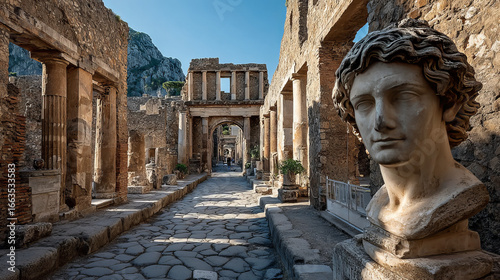 Ruins of the antique Temple of Apollo with bronze Apollo statue in Pompeii, Naples, Italy. View of the bronze sculpture of Apollo.The ruined city of Pompeii. Campania. Naples.
