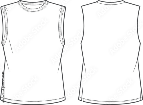 Sleeveless tank top, front and back view, vector flat sketch, technical fashion drawing, men’s casual wear, clothing template illustration