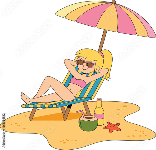 Cartoon girl relaxing, beach vacation, bikini character, summer holiday, umbrella shade, coconut drink, starfish, sunglasses, tropical scene, leisure