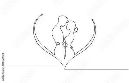 Romantic wedding couple in continuous one line drawing, vector.