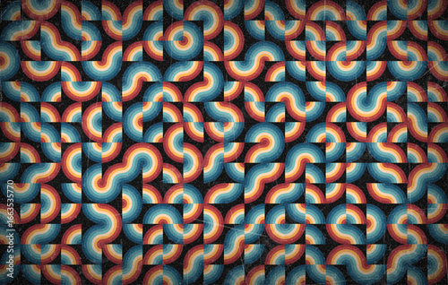 Abstract Geometric Pattern in Bauhaus Style – Colorful Modern Vector Design. Retro Colors from the 1970s 1980s, 70s, 80s, 90s. Grunge scratch 70s style stripes background poster lines. Noisy grain