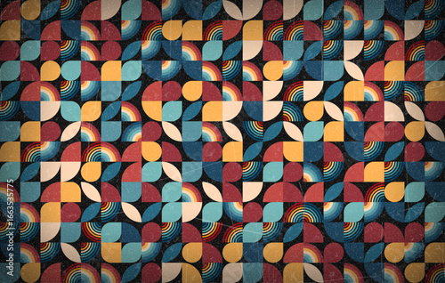 Abstract Geometric Pattern in Bauhaus Style – Colorful Modern Vector Design. Retro Colors from the 1970s 1980s, 70s, 80s, 90s. Grunge scratch 70s style stripes background poster lines. Old photo grain