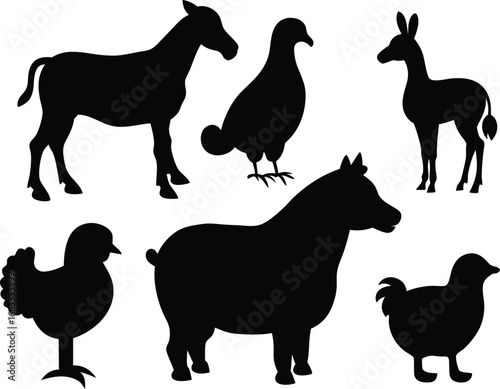 Black silhouettes of farm animals and birds on white background