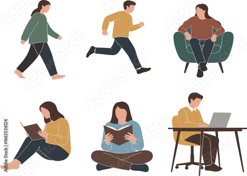 Lifestyle activity illustrations, walking, running, reading, working, sitting poses, casual people, daily routine, ergonomic design, vector set