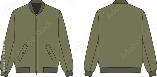Cad drawing flat vector illustration of olive green bomber jacket with zip closure and flap pockets, front and back technical fashion sketch